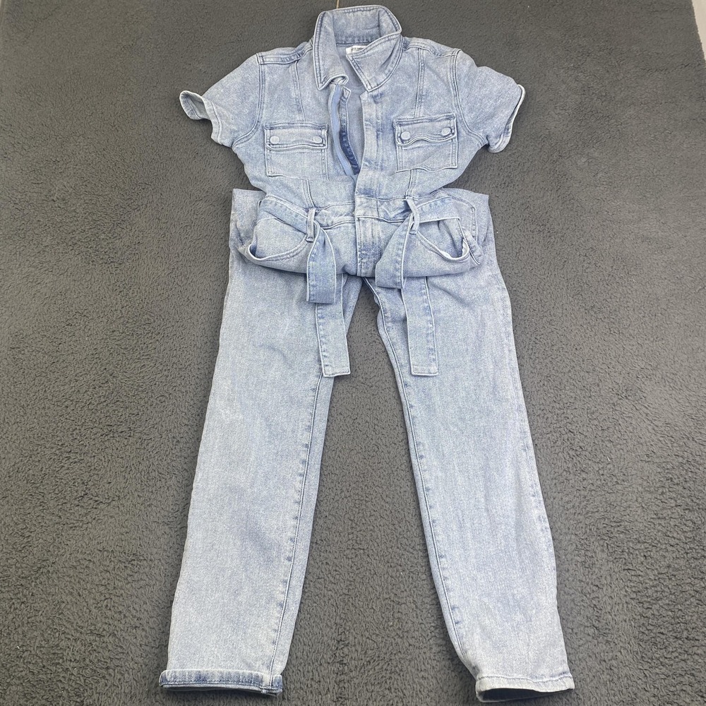 Good American Jumpsuit Womens Size 1 Light Wash Denim Short Sleeve Belted Blue - Picture 1 of 13